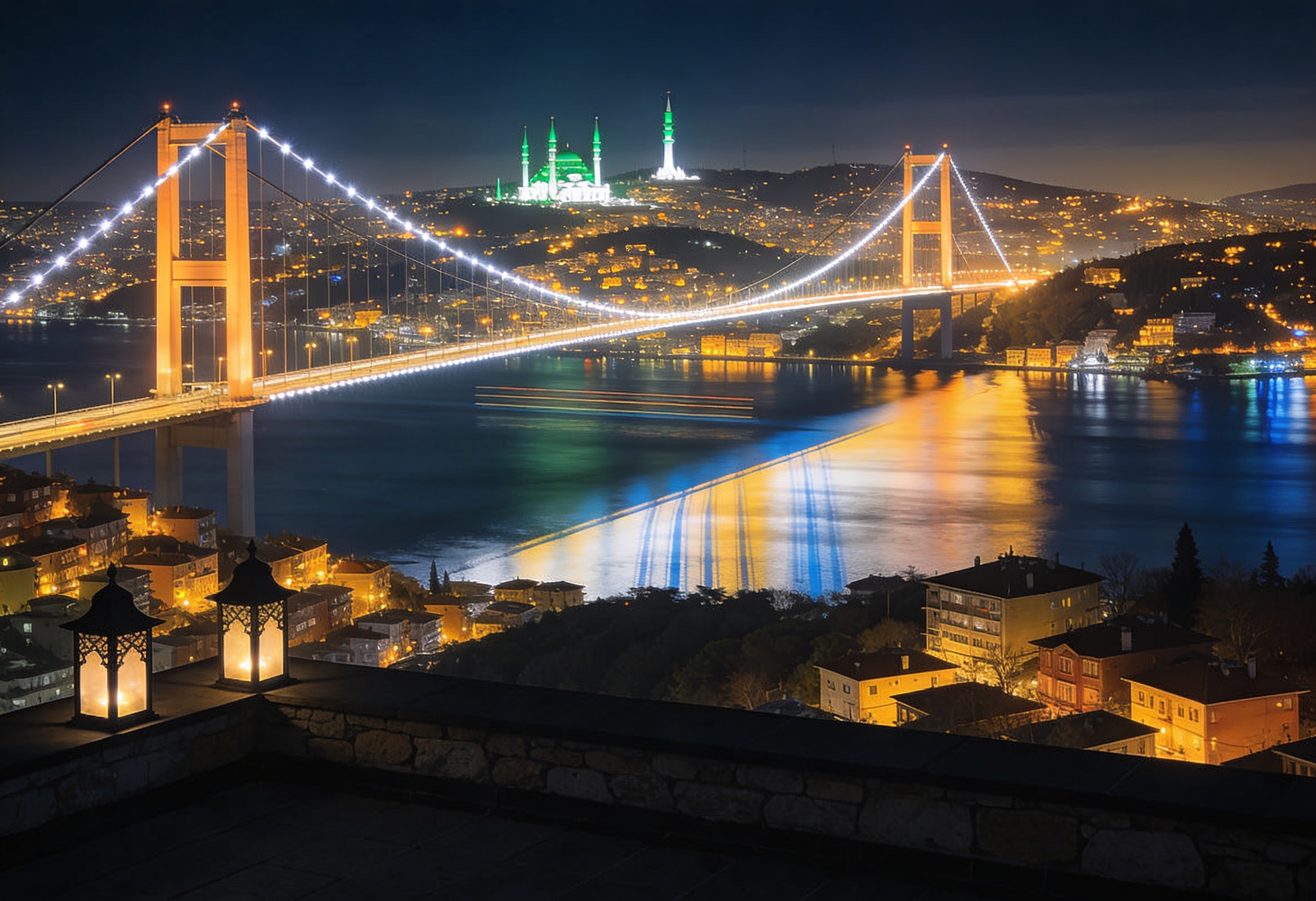 Gece İstanbul köprüsü ışıkları ve Boğaz yansımaları